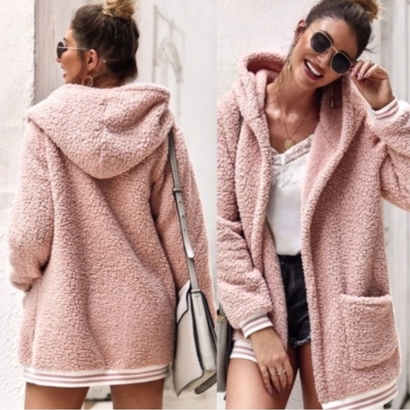 Blush Pink Teddy Fleece Sherpa Varsity Hoodie Jacket with Pockets - Picture 2 of 7